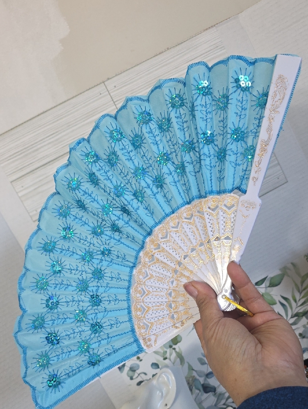 Turquoise Blue And White Sequin Folding Hand Fan